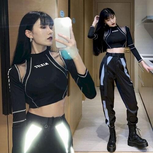 2021 New Bungee Womens Dark Suits Cool Girl Fashion Wear Suit Jazz Cool Style Handsome Hip-hop Dancing Clothes Women Sweatpants