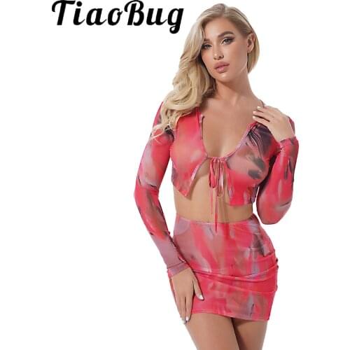 Sexy Skirt Set for Women Party Club Beach Wear Stylish Print Transparent Mesh Long Sleeve Lace-up Crop Top and Mini Pencil Skirt