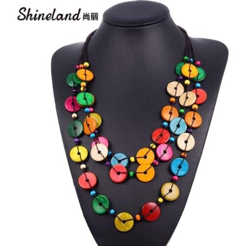 Shineland 2021 Bohemian Coconut shell Wood Bead Pendant Necklaces Women Ethnic Handmade Beaded Hanging Long Statement Jewelry