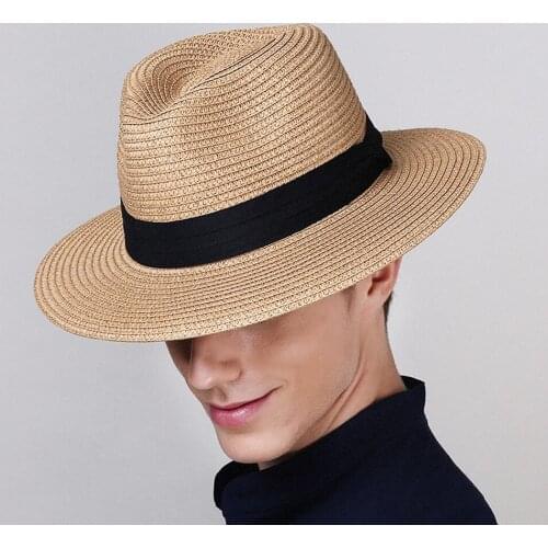 Fashion Summer Casual Paper Straw Sunhat Unisex Beach Trilby Large Brim Jazz Sun Hat Panama Hat Women Men Cap With Black Ribbon