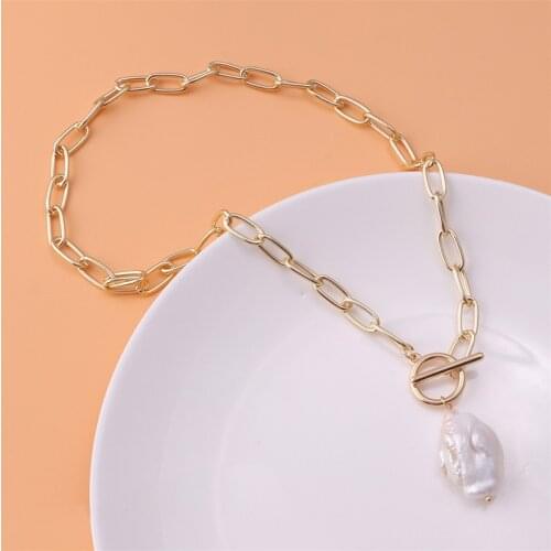 TIMEONLY Irregular Shell Simulation Pearls Pendant Necklace Chunky Cuban Chain Long Sweater Charm Necklaces for Women Ladies