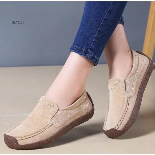 SLYXSH 2019 Spring Autumn Women Moccasins Womens Flats Genuine leather Shoes Woman Lady Slip On Suede Shoes
