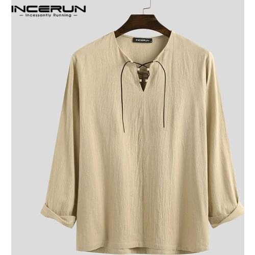 INCERUN Vintage Men Shirt Solid Color V Neck Cotton Lace Up Blouse Streetwear Casual Long Sleeve Tops Retro Camisa Masculina 7