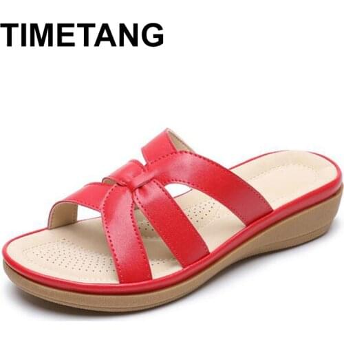 TIMETANG Women sandals summer2020woman wedge shoes woman comfortable wedge leather sandals slip on low heels Mules womanSandalia