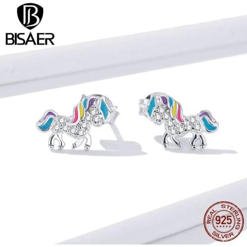 Unicorn Earrings BISAER 925 Sterling Silver Unicorn Licorne Women Stud Earrings for Women Silver Earrings Jewelry EFE352