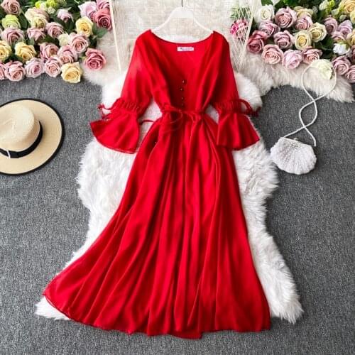 2020 New Autumn Winter Solid V Neck Flare Sleeve Tie Up Dress Casual A Line Full Mid-calf High Waist Women Dress
