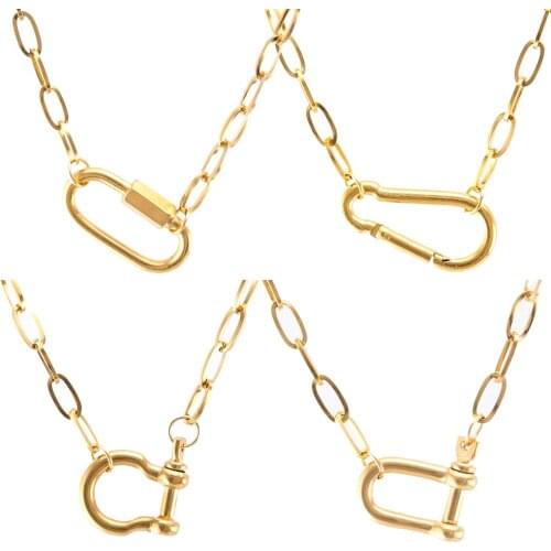 Women necklace Stainless steel gold color strong shackle U carabiner snap hook charm Climbing buckle horseshoe clasp long choker