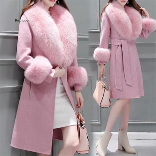 Woolen Coat Women Winter New Korean Long Slim Show Thin Fur Collar Jacket with Belt Fashion Pink Blend Tops Feminina