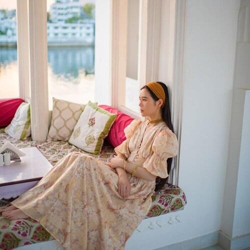 2020 Spring Autumn Women Vintage Floral Blue/Yellow Long Ladies Victorian Retro Court V-Neck Formal Casual Maxi Dress Robe