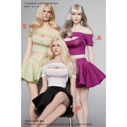 1/6 Scale Female Soldier Clothing Accessories Hollow T-shirt Pleated Skirt Model