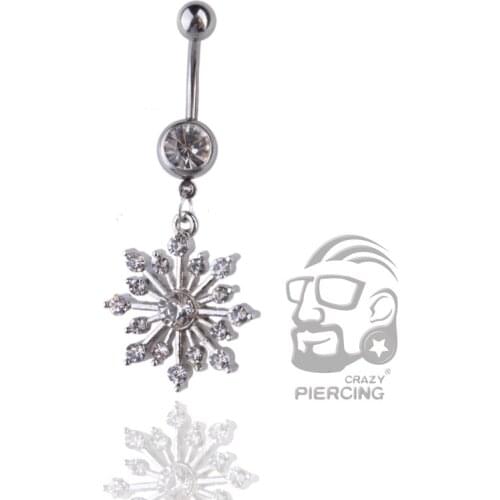 1PC 316L Surgical Steel Navel Ring Cubic Zirconia Snow Flower Crystal Rhinestone Navel Barbell Belly Ring Body Piercing
