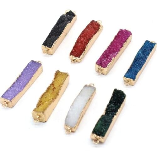 1pcs Natural Connectors Druzy Pendants Green Red White Stone Double Hole Charms for Bracelet Jewelry Making DIY Size 10x50mm