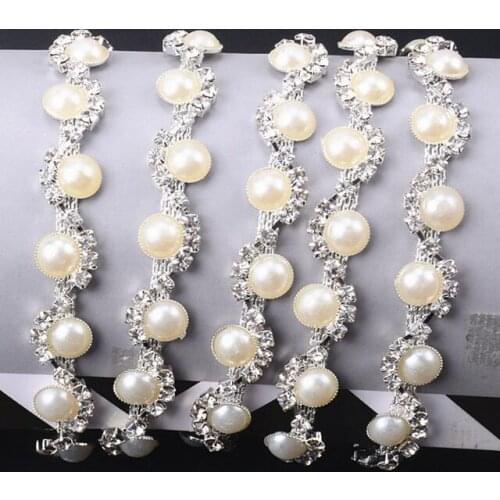 5yds High-Grade Pearl Beaded Crystal Rhinestone Chain Lace Trims Applique Ribbon Sewing Collar Wedding Dress Costume Accessories