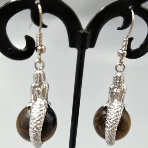 Free Shipping Women Fashion Jewelry 14mm Tigers Eye Mermaid Spherical Beads Dangle Earrings C5316