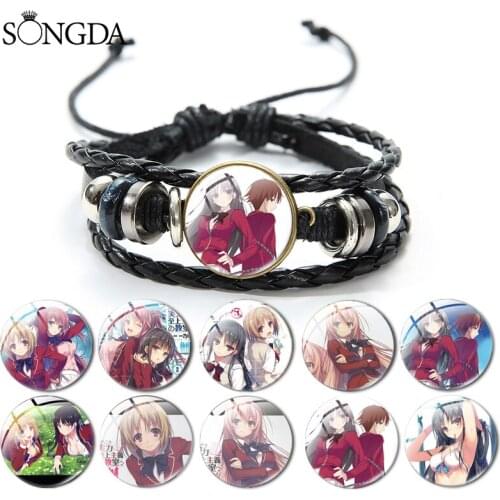 Anime Classroom of the Elite Black Leather Bracelet Cosplay Sexy Schoolgirl Glass Round Multi Layer Adjustable Bangle Teen Men