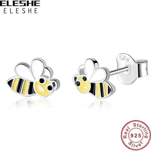 ELESHE Lovely Honey Bee Stud Earrings 925 Sterling Silver with Yellow Enamel Animal Earrings For Women Girls Fashion Jewelry