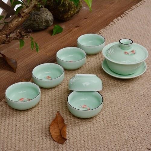 Longquan celadon ceramic tea set, fish cup, kung fu teaset, teapot, gaiwan, Tureen, teacup