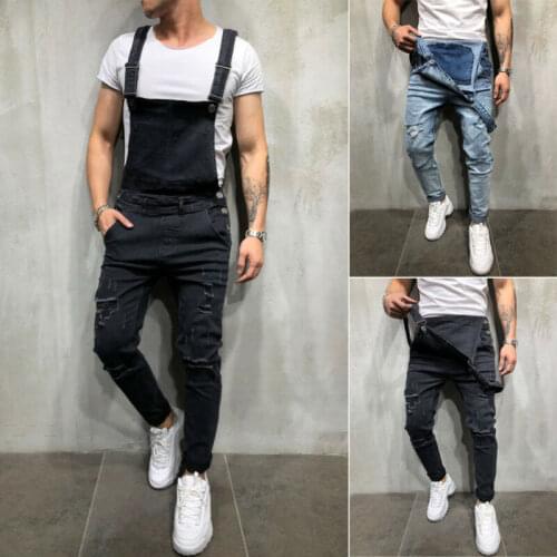 Summer Mens Distressed Denim Carpenter Overalls Bib Jumpsuits Moto Biker Jean Long Harajuku Rompers Streetwear Plus Size