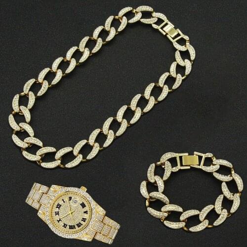 3pcs Kit Hip Hop 19MM Full Iced Out Paved Rhinestone Choker Cuban Rapper Necklace+Watch+Bracelet For Men Women Jewelry