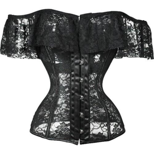 Steampunk Corset Tops Bustiers Sexy Lingerie Erotic Corselet Transparent Off The Shoudler Lace Sleeve Woman Gothic Clothing