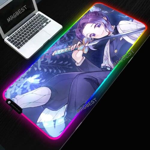 Hot Anime RGB Mouse Pads Demon Slayer Colorful Glowing Desktop Pad L XL XXL Durable Anti-slip Smooth Gaming Mice Keyboard Pad