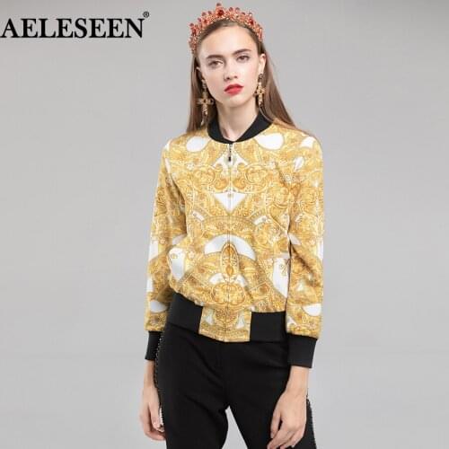 AELESEEN Runway Vintage Short Jackets 2021 Autumn Winter Fashion Gold Chain Printed Bomber Jacket Women