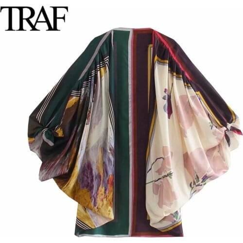 Traf Za Womens Clothing Cape Jacket Spring Autumn Printed Loose Satin Kimono Coats Mujer