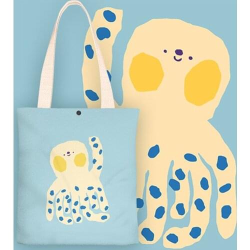 Summer Fashion Cartoon Octopus Print Handbags Women Student Shoulder Bag Book Bag Large-capacity Shopper Bag Velvet Canvas Bag