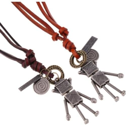 Fashion Men Women Long Chain Necklace Leather Metal Robot Pendant Statement Alloy Retro Charm Adjustable Vintage Sweater Jewelry