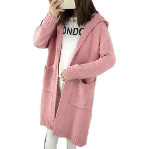 Fashion Autumn Winter Women Medium-Long Sweater Cardigans 2018 Open Stitch Long Sleeve Knitted Shirts With Pockets Hooded Q515