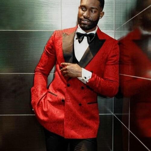 Floral Pattern Men Suits with Double Breasted 3 Piece Wedding Groom Tuxedo Red Jacket with Black Waistcoat Pants African Fashion