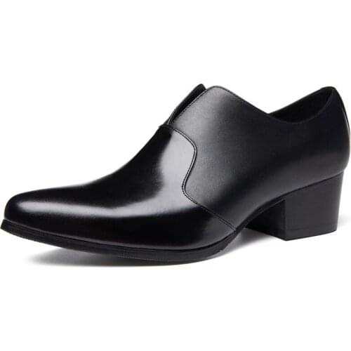 Autumn Black Pointed Toe Leather Shoes Men Business Casual Genuine Leather Slip On Formal Shoes Wedding High Heel Shoes Male