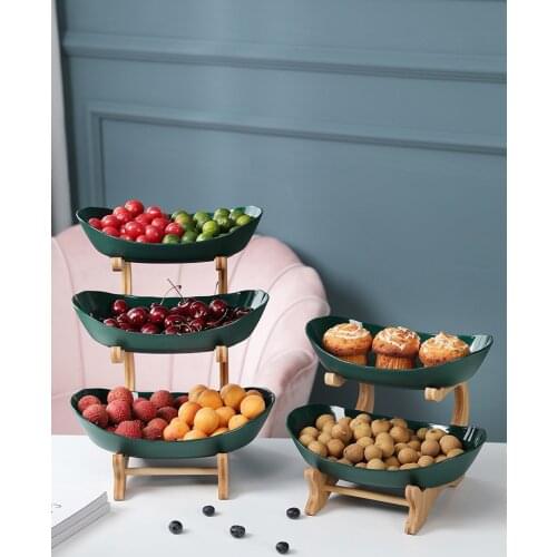 2/3 Tiers Plastic Fruit Plates with Wood Holder Oval Serving Bowls for Party Food Server Display Stand Fruit Candy Shelves