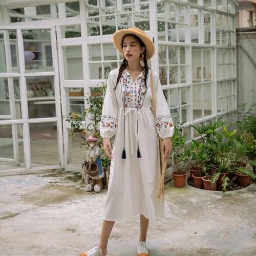 Autumn winter Women dress Bohemian Holiday style Cotton and Linen Embroidered Fringed Lace up High waist dress female bing 2020