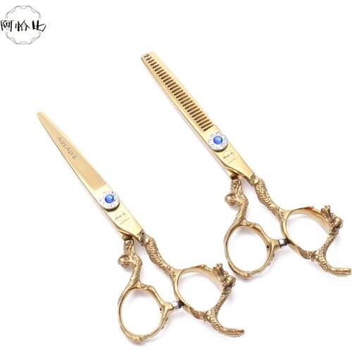 6'' 440C AQIABI Gold Professional Hair Scissors Straight Shears Thinning Scissors Salon Hairdressing Scissors Dropshipping A9003