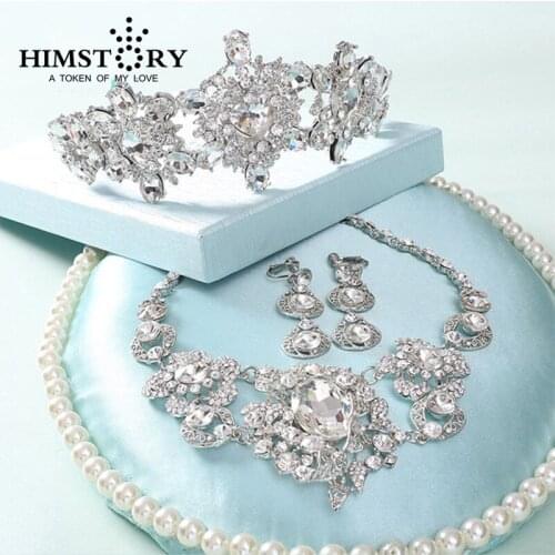 Luxurious Bride Tiara Necklace And Earring Wedding Accessories Set White Rhinestone Bridesmaid Jewelry 3pcs Set