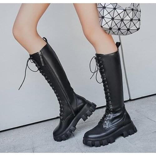 Luxury brand high boots tall thin Knight Plush boots motorcycle boots fashion outdoor Martin boots Square Heels Shoes Lace Up