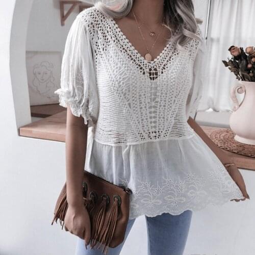 2021 New Womens Summer Leisure Embroidered Ruffle Short Sleeve V Neck Crochet Hollow Lace Tops For Ladies Fashion Chic Blouses