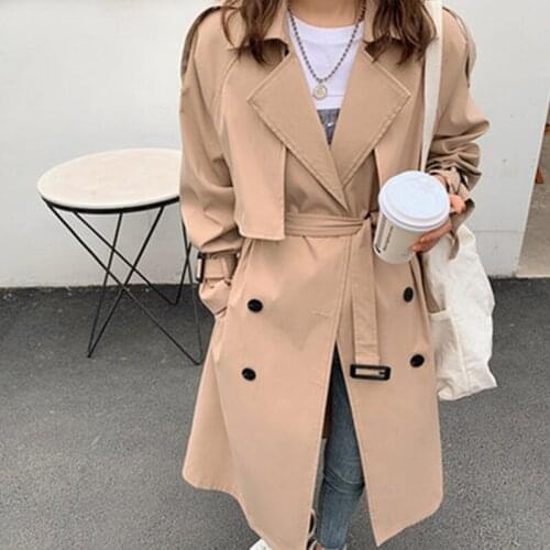 2021 Spring Autumn New Korean Windbreaker Coat Womens Mid-Length Loose Fashion Casual Temperament Ladies Solid Color Trench Coat