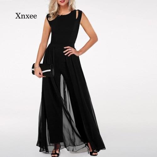 Woman Sleeveless Wide Legs Rompers Elegant Chic Mesh Hem Plus Size Black Chiffon Jumpsuit O-Neck Lady Trousers Outfits Clothing