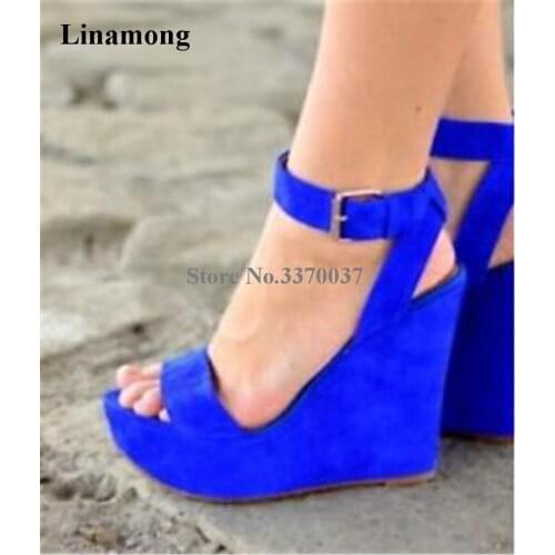 Women New Fashion Suede Leather High Platform Wedge Sandals Blue Ankle Blue Strap Height Increased Wedge Sandals Dress Shoes