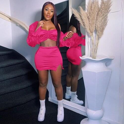 2021 High Quality New Design 2 pcs Women Set Solid Slash Neck Long Sleeve Short Tops Mini Dress Summer Sexy Outfits