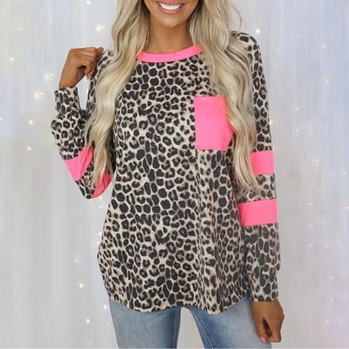 WomenS Pullover Autumn All-Match Casual Round Neck Long Sleeve Sexy Leopard Print Stitching Pocket Top T-Shirt толстовка женска