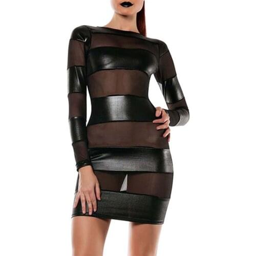 Women Leather Sheer Dress Mesh Patchwork Erotic Nightclub A-Line Transparent See Through Erotic Clubwear Sexy Party Mini Dress
