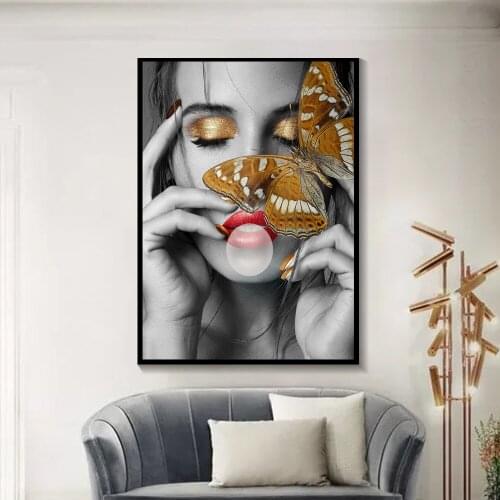 Abstract Wall Art Pictures Fashion Beautiful Lady with Golden Butterfly Modern Home Canvas Painting for Living Room Unstretched