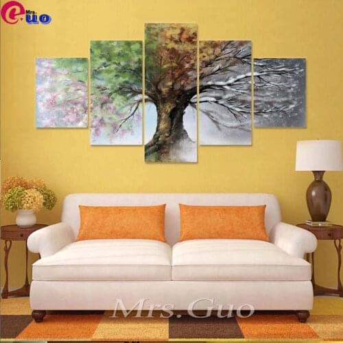 DIY 5D Diamond Painting Full Square Round Drill Mosaic Diamond Embroidery 5 Panel Four Season Tree Painting Wall Art Decor