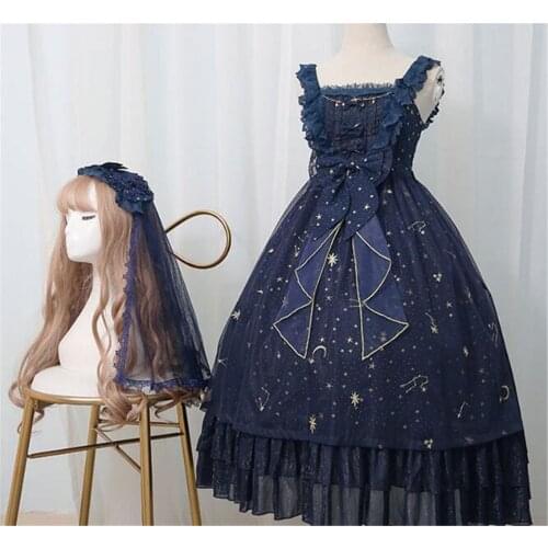 Sweet Starry Night Star Embroidered Long Lolita Dress Navy Blue White Party Gown B403