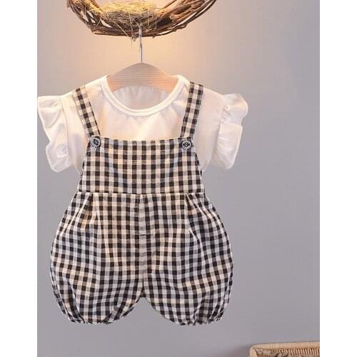 Girls 2pcs Casual Clothes Set Infants Baby Kids Children Summer Short Sleeve T-shirt Tops+Plaided Overall Pants Outfit S12638