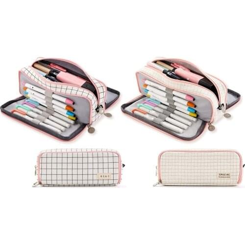ANGOO 2 Pcs Large Pencil Case Big Capacity 3 Compartments Canvas Pencil Pouch For Boys Girls School Students ,A & C