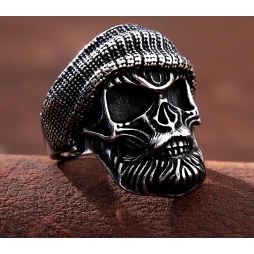 Retro Zombie Skull Ring Men Women Punk Gothic Hat Bearded Skull Ring Fashion Stainless Steel Biker Jewelry Accessories Wholesale